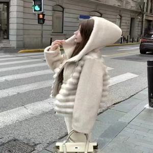 가을 겨울 숏 패딩 재킷 여성용 루즈핏 밍크 퍼 소매 후드 스플라이싱 코트 긴 소매 출퇴근 스타일 지퍼 클로저