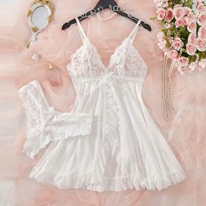 여성용 딥 브이 넥 로우 컷 팬티 파자마 백 레스 메쉬 투명 레드 섹시한 란제리 잠옷 레이스 나이트 드레스를 통해 볼 수 있습니다.