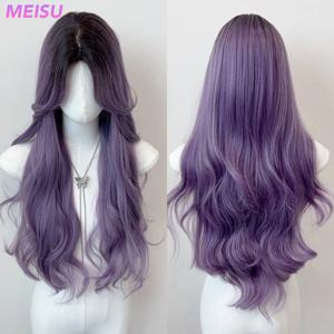 MEISU 28 인치 긴 곱슬 합성 가발 보라색 검정색 내열성 자연 부드러운 머리 세련된 파티 가발 여성용 매일 사용