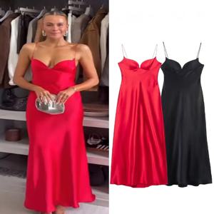 HH 2025 여성용 레드 V넥 홀리데이 스타일 새틴 텍스처 롱 드레스 민소매 여름 여성용 백 지퍼 패션 슬링 드레스