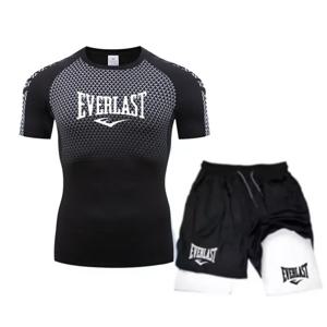 EVERLAST 남성용 압축 셔츠 + 2-in-1 스포츠 반바지 2pcs 세트 레저 브레스 반소매 스포츠 조깅 체육관 브랜드 프린트 의류