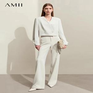 AMII 미니멀리즘 여성 팬츠 2025 가을 신상 오피스룩 V넥 루즈핏 숏 블레이저 자켓 + 캐주얼 솔리드 팬츠 세트 12441110