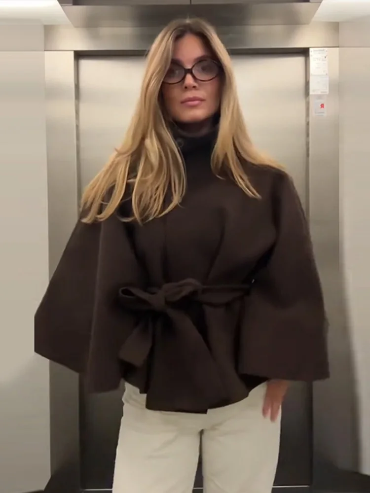 여성 코트 짧은 망토 코트 여성용 벨트 인조 양모 & 혼방 코트 가을 겨울 솔리드 코트 우아한 망토 재킷 여성