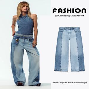 2025년 가을 여성 패션 하이웨이스트 와이드 레그 진 스타일리시 패치워크 슬리밍 다용도 데님 바지 에스닉 무대 의상