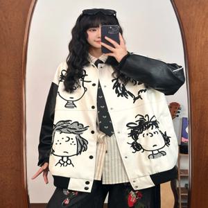 오리지널 미국 만화 애니메이션 자수 루즈핏 여성용 PU 가죽 재킷 스트리트 스타일 아우터웨어 캐주얼 대학 패션