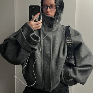 여성용 패션 숏 울 코트, 스탠드 칼라, 긴팔, 루즈핏 지퍼 재킷, 2025 가을 겨울 솔리드 여성 아우터