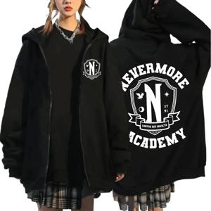 남성 여성 Nevermore Academy 로고 프린트 그래픽 지퍼 까마귀 캐주얼 긴 소매 하라주쿠 오버 사이즈 지퍼 업 코트 후드