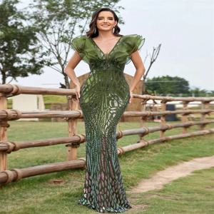 우아한 블랙 이브닝 드레스 여성 2025 럭셔리 롱 머메이드 정장 시퀸 V넥 프롬 웨딩 파티 칵테일 가운