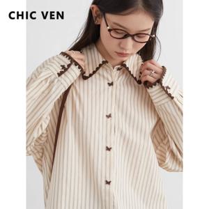 CHIC VEN 패션 여성 셔츠 루즈 스트라이프 긴팔 여성 블라우스 나비 버튼 코튼 소녀 코트 가을 겨울 2025