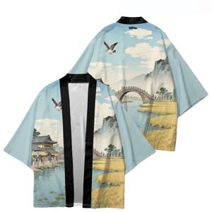 우아한 풍경화 키모노 카디건 새로운 중국 스타일 3D 프린트 목가적 키모노 나이트가운 남성 하오리