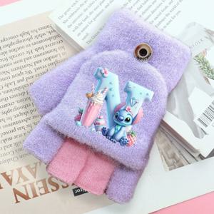 스티치 알파벳 A-Z 장갑 디즈니 어린이 겨울 플러시 장갑 소녀 야외용 따뜻한 반손가락 플립 장갑 어린이 크리스마스 선물