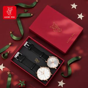 럭키 폭스 2개 세트 커플 시계 남성 비즈니스 시계 패션 포인터 여성 쿼츠 시계 크리스마스 선물 선물 상자 세트