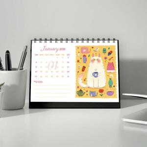 1개 2026년 달력, 만화 손으로 그린 고양이 테마 데스크탑 달력, 스탠딩 데스크, 생일 및 휴일을 위한 완벽한 선물