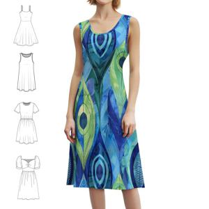 심리스 패턴: 수채화 공작 깃털이 있는 한국 스타일 여성 드레스, 우아한 캐주얼 드레스, 파티나 일상복으로 적합