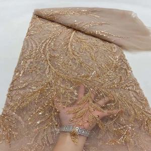 프랑스 아프리카 신랑 레이스 원단, 여성용 비즈 하이 퀄리티 자수, 웨딩 원피스, 나이지리아 스팽글 레이스 원단, 5 야드, 2024