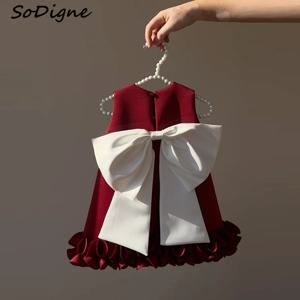 SoDigne A 라인 짧은 꽃 소녀 원피스 O-넥 민소매 새틴 공주 드레스, 활 맞춤형 브래지어 포함, 아이 생일 파티 드레스