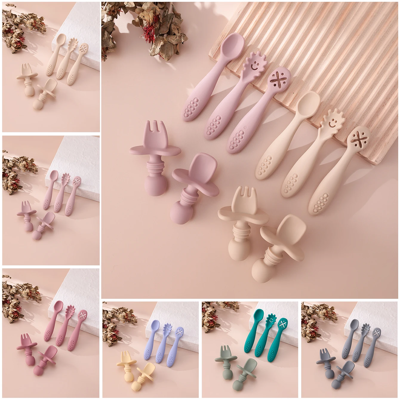 컬러 키즈 5PCS 귀여운 아기 학습 숟가락 세트 유아 먹이기구 실리콘 Teether 훈련 칼 붙이 BPA 무료 식기