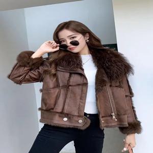가을 겨울 신상 여성용 토끼털 가죽 재킷 모터사이클 스타일 양털 곱슬털 슬림핏 트렌디 스트레이트 밑단 지퍼
