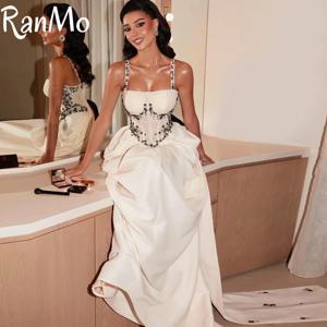 란모 신상 우아한 스파게티 스트랩 프롬 파티 드레스 플리츠 비즈 장식 플로어 길이 맞춤형 이브닝 가운 롱 فستان بيكو