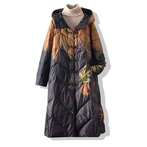 2024 중국 스타일 빈티지 싱글 브레스티드 울트라 라이트 다운 X 롱 코트, 겨울 여성 화이트 덕 다운 재킷, 잉크 페인팅 아웃웨어
