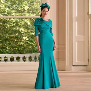 트럼펫 스타일 신부 어머니 웨딩드레스 3/4 소매 머메이드 웨딩 게스트 가운 롱 비즈 꽃 장식 여성 이브닝 드레스