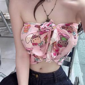 Sanrio Kitty Sweetheart 여성 튜브 탑 순수한 욕망 만화 섹시한 프린트 오프 숄더 비치 해변 여름 뜨거운 소녀 새틴 트렌드