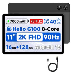 BNCF 11인치 2K IPS 스크린 태블릿 안드로이드15 MTK G100 옥타코어 4GB/8GB 128GB ROM 7000mAh 배터리+4G LTE+와이드바인 L1+타입-C+BT5.0