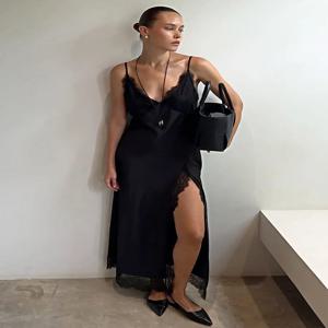 Ticketsx 패션 v 넥 화이트 장착 스플릿 롱 드레스 여름 우아한 레이스 고급스러운 드레스 통근 해변 휴가 여성 드레스