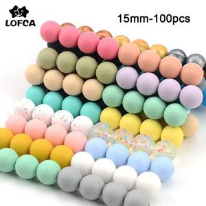 15mm 100pcs 라운드 실리콘 구슬 Teether 아기 간호 목걸이 젖꼭지 클립 구강 케어 BPA 무료 식품 학년 다채로운
