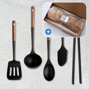 [선물포장] 모코 블랙 우드핸들 실리콘 조리도구세트 5종 / 뒤집개 국자 볶음스푼 스패출라 주방집게