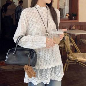 반목 레이어드 시스루 레이스 티셔츠 긴팔 터틀넥 목 여성봄블라우스 루즈핏블라우스
