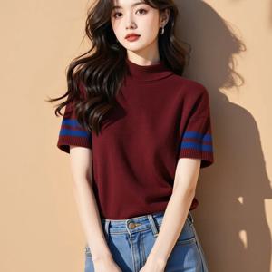 [브리치] 제로투올샵 / 와인 레드 반팔 니트 탑 여성 여름 시크한 패션 티셔츠 와인색