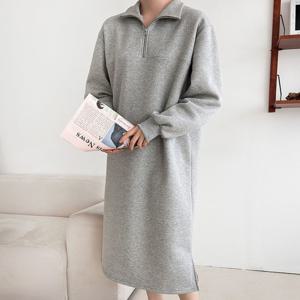 [브리치]  / 캐주얼 기모 반집업 트임 롱 원피스