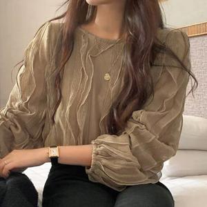 시스루 프릴 라운드넥 블라우스 페타르블라우스