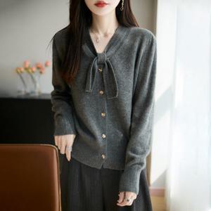 [브리치]  / 여성용 가을 니트 가디건 리본 포인트 진그레이 S