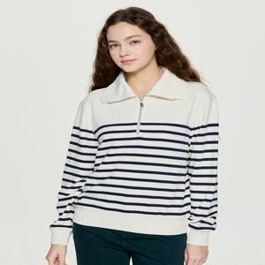 헤지스 여성 [[25FW]] HSTS5D802IV [시즌오프][아이코닉] 루즈핏 스트라이프 반집업 스웨트셔츠