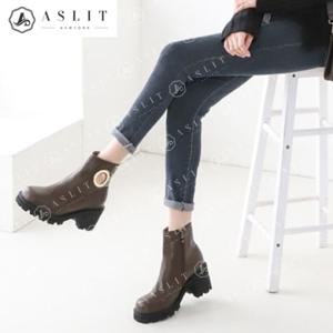 [애슬릿] 금장 링 심플 옆지퍼 미들힐 통굽 앵클 워커 부츠