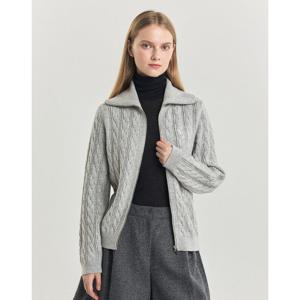 헤지스 여성 24FW 가격인하울100% 라이트그레이 윙카라 케이블 집업 가디건 HSSW4D907G1