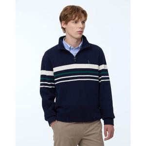 [TAG가 199,000원] 헤지스 남성 24FW 스테디셀러 네이비 스트라이프배색 면 반집업티셔츠 WHTS4D531N2