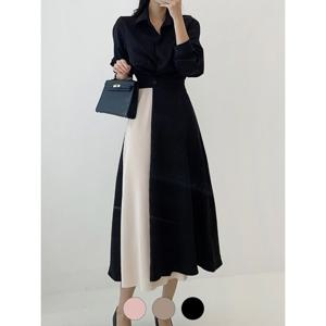 [예쎄][예쎄] 뒷밴딩 배색플리츠 플레어 원피스 (S4FOP006A)