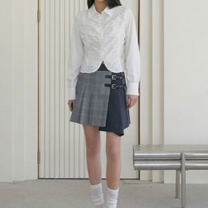 [에고이스트]소재 믹스 비죠 장식 플리츠 스커트 (ER1WS261)