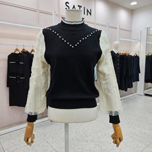 [샤틴]니트 배색 시스루 소매 블라우스/S254K961