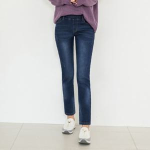 [진마니아]블루 허리밴딩 본딩기모 슬림핏 일자 데님