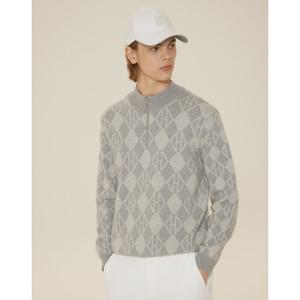 헤지스 골프 24FW 품절임박그레이 남성 방풍 H아가일 패턴 반집업 스웨터 HUSW4D752G2