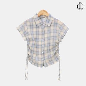 엘케이트 여자 반팔 체크남방 셔링셔츠 스트랩 여름 체크 레트로 슬림 남방 LCR117