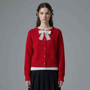 샵앤) 여성 레이스 리본 라운드 하트단추 연말룩 니트 가디건 SHA-WCD-20979-레드