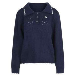 샵앤) 여성 배색 카라넥 반오픈 단추 펀칭 리본 니트티 SHA-WKN-20981-네이비