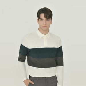 헤지스골프  화이트 남성 헤리티지 니트 보더 카라티(HUTS5D713OW)