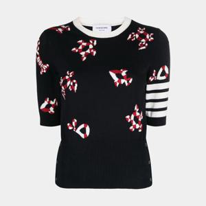 톰브라운 여성 사선완장 인타르시아 코튼 니트 반팔 네이비 FKA451A Y3007 415