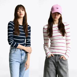 [타미진] 2종 택1 여성 슬림 핏 T32F7TTO03TWT1 기본 이너겸용 라운드 골지 스트라이프 긴팔 티셔츠 SC